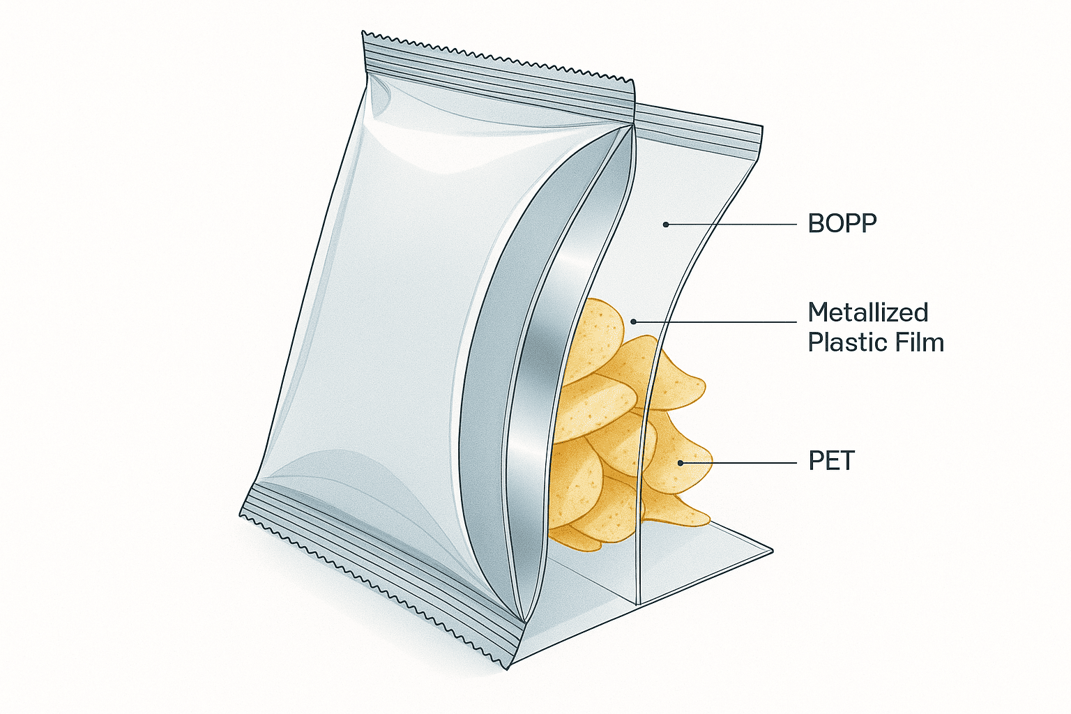 Chip bag material layers showing metallized film construction Metallized chip bag structure