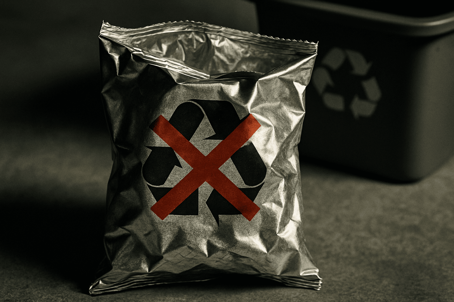 Chip bag marked as non-recyclable Recycling symbol with X over chip bag