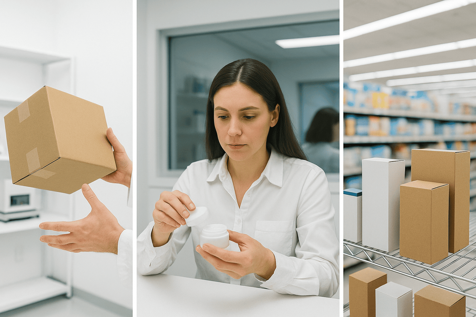 packaging process cosmetic packaging process, cardboard boxes, woman testing cream jar in lab
