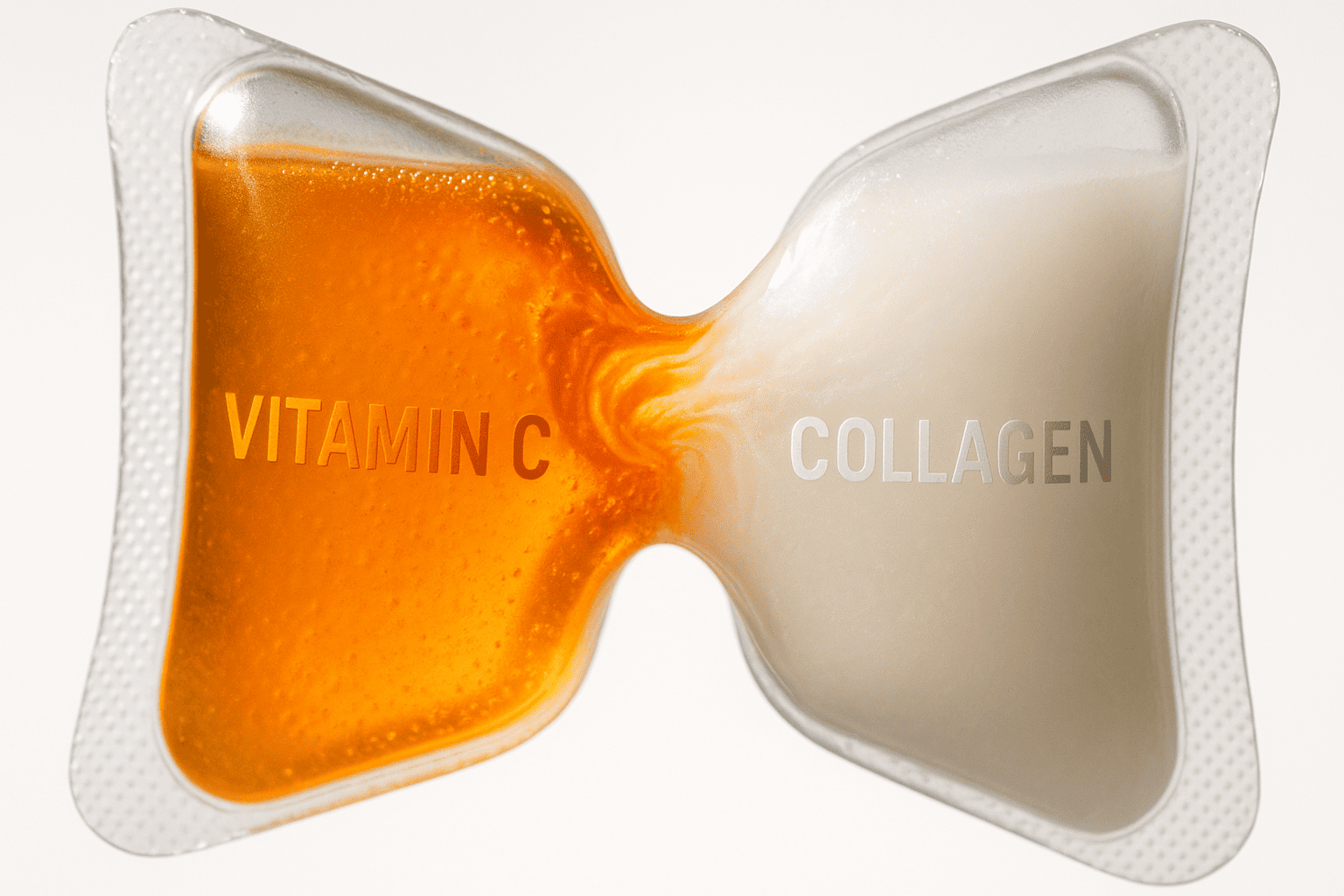 dual sachet dual chamber sachet packaging, vitamin C and collagen liquid separated