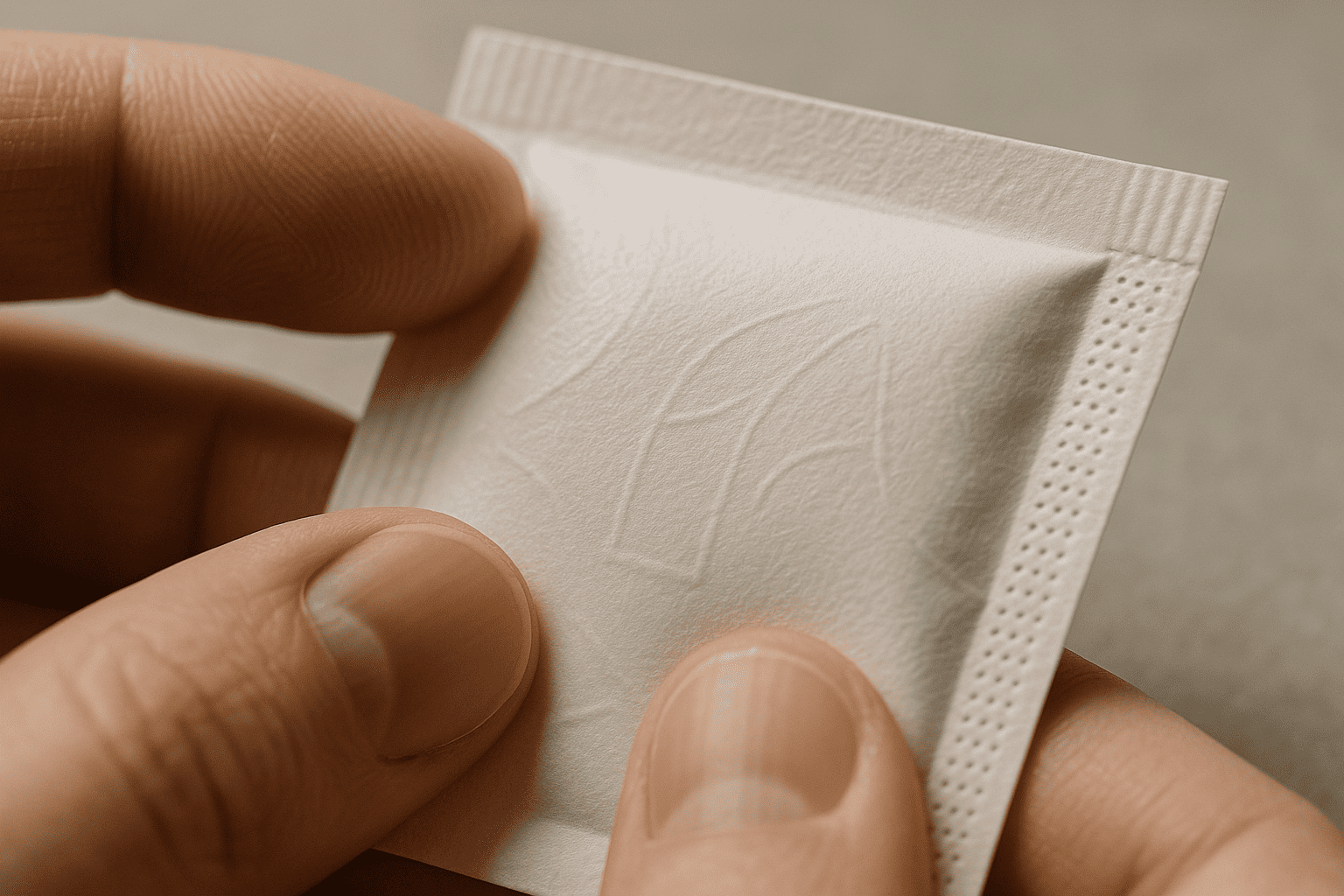 paper sachet eco friendly sachet packaging, small white paper pouch held by fingers