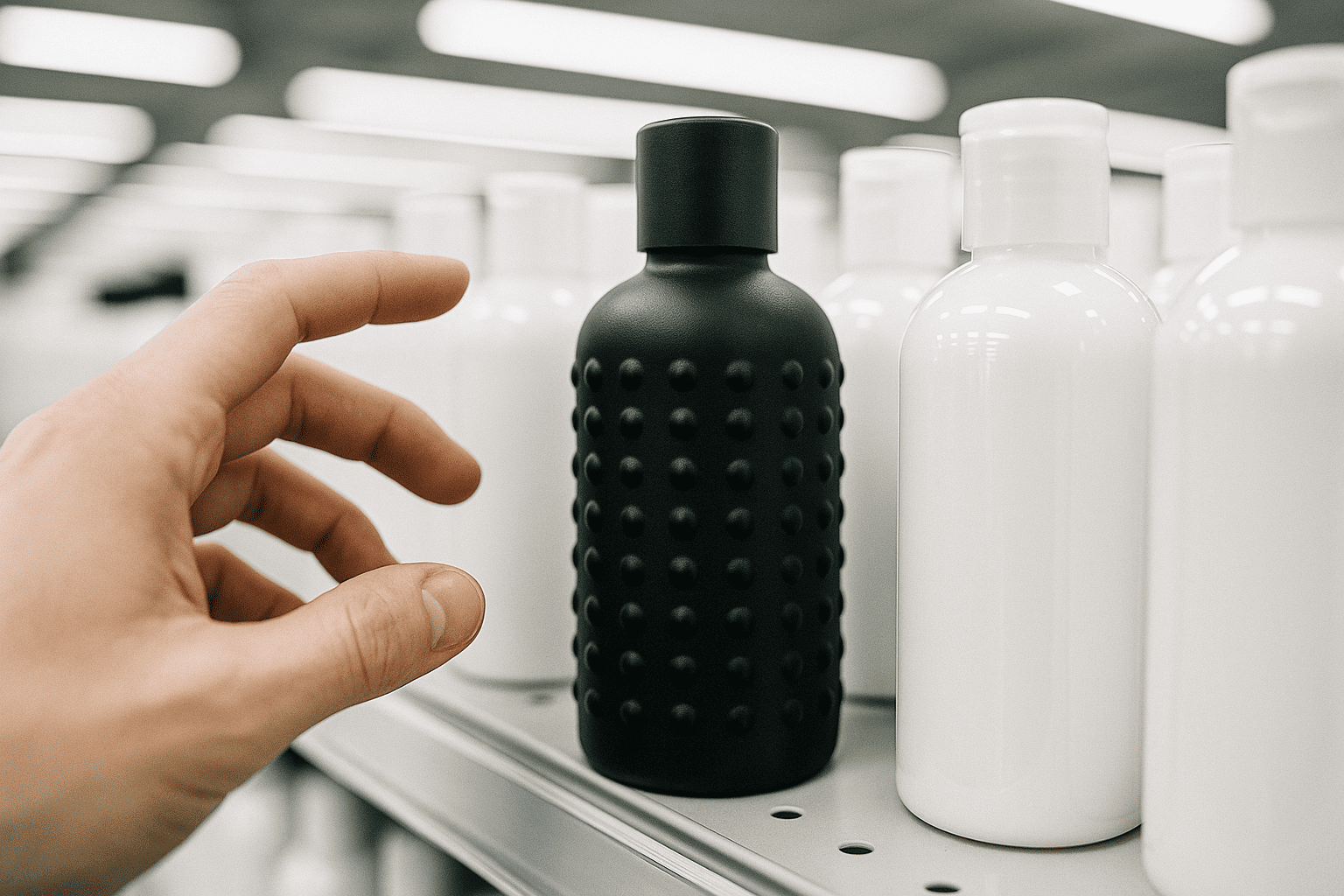 black bottle matte black cosmetic bottle, textured design on shelf among white bottles