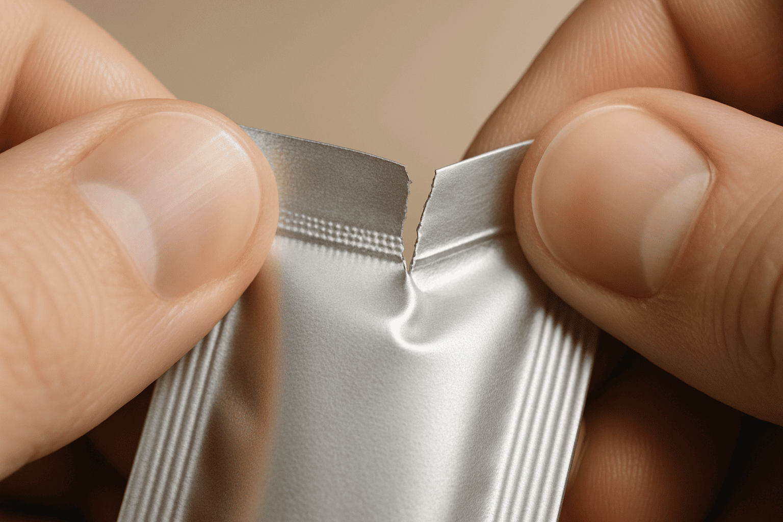 foil sachet tearing silver foil sachet, close up of fingers opening packaging