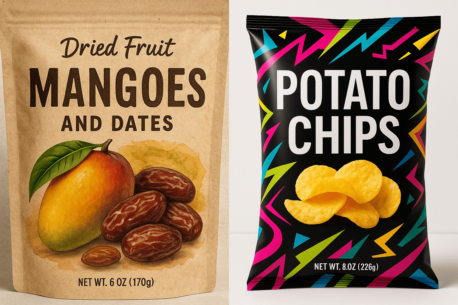 Dried fruit packaging content comparison Comparison of dried fruit vs regular snack packaging