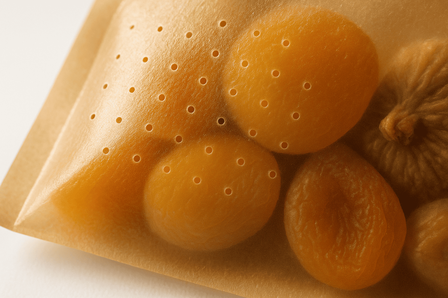 Micro-perforation and freshness messaging Ethylene gas management in dried fruit packaging