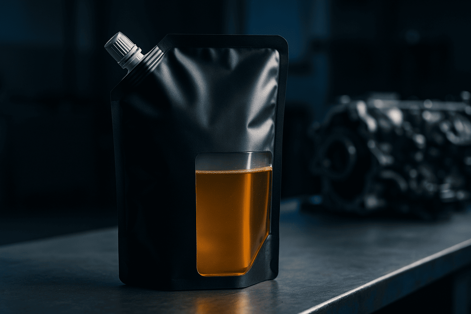 Motor oil pouch with precision spout Automotive fluid stand up pouch with spout