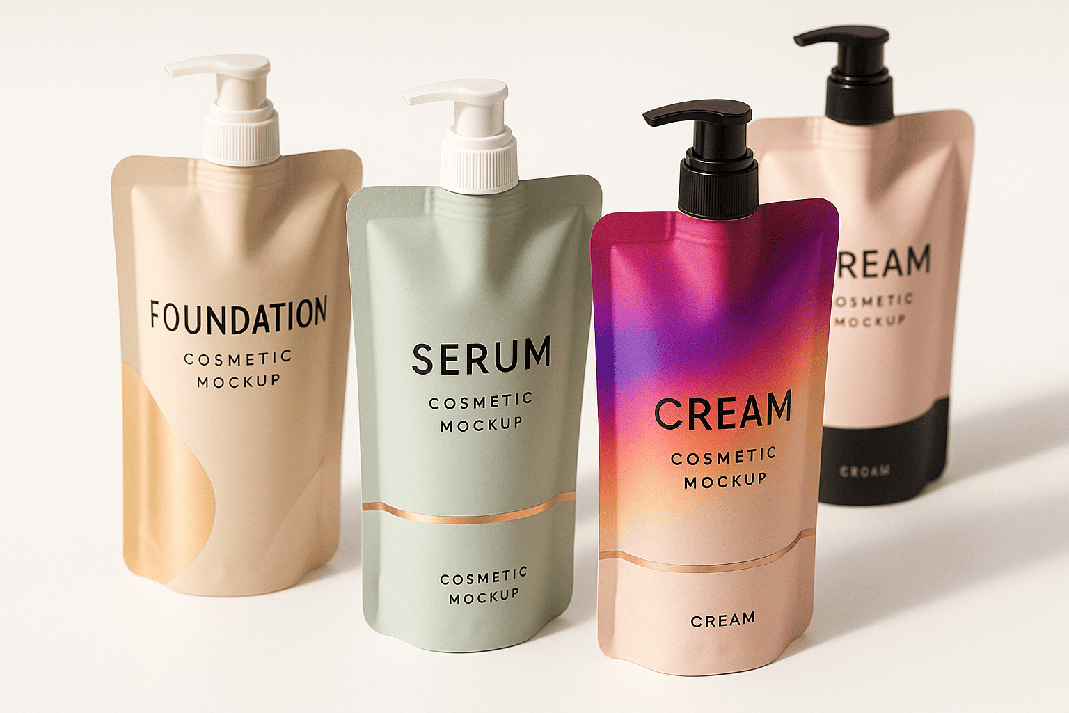 Beauty product pouches showcase Cosmetic stand up pouches with various designs