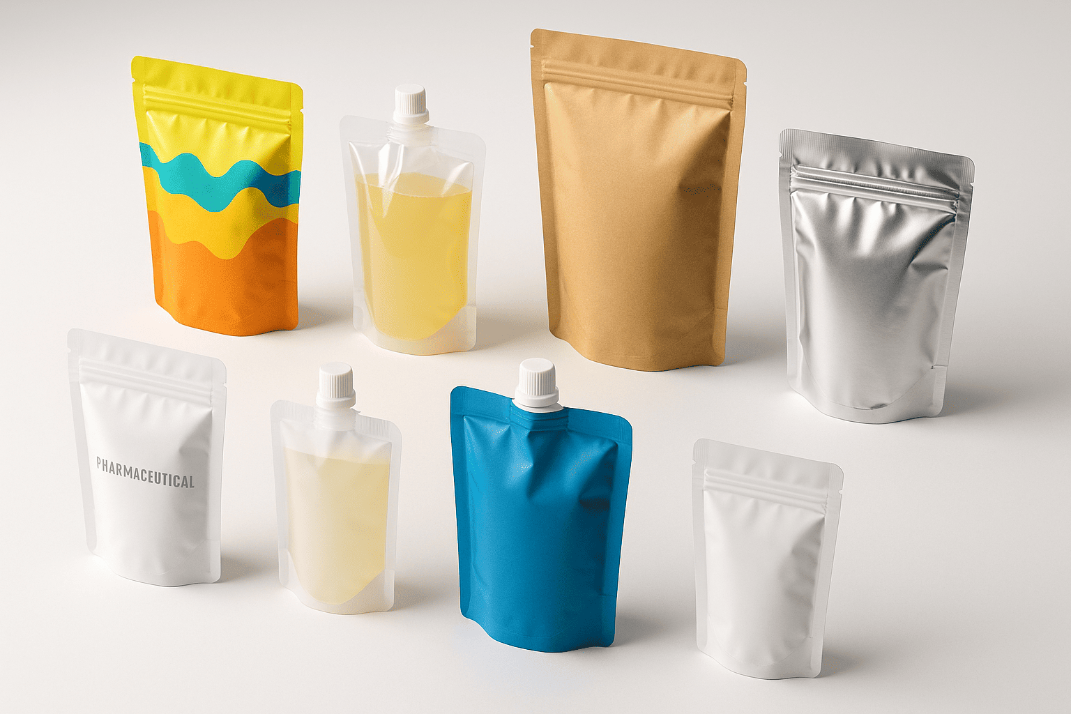 Various stand up pouch applications Stand up pouches displayed across different industries