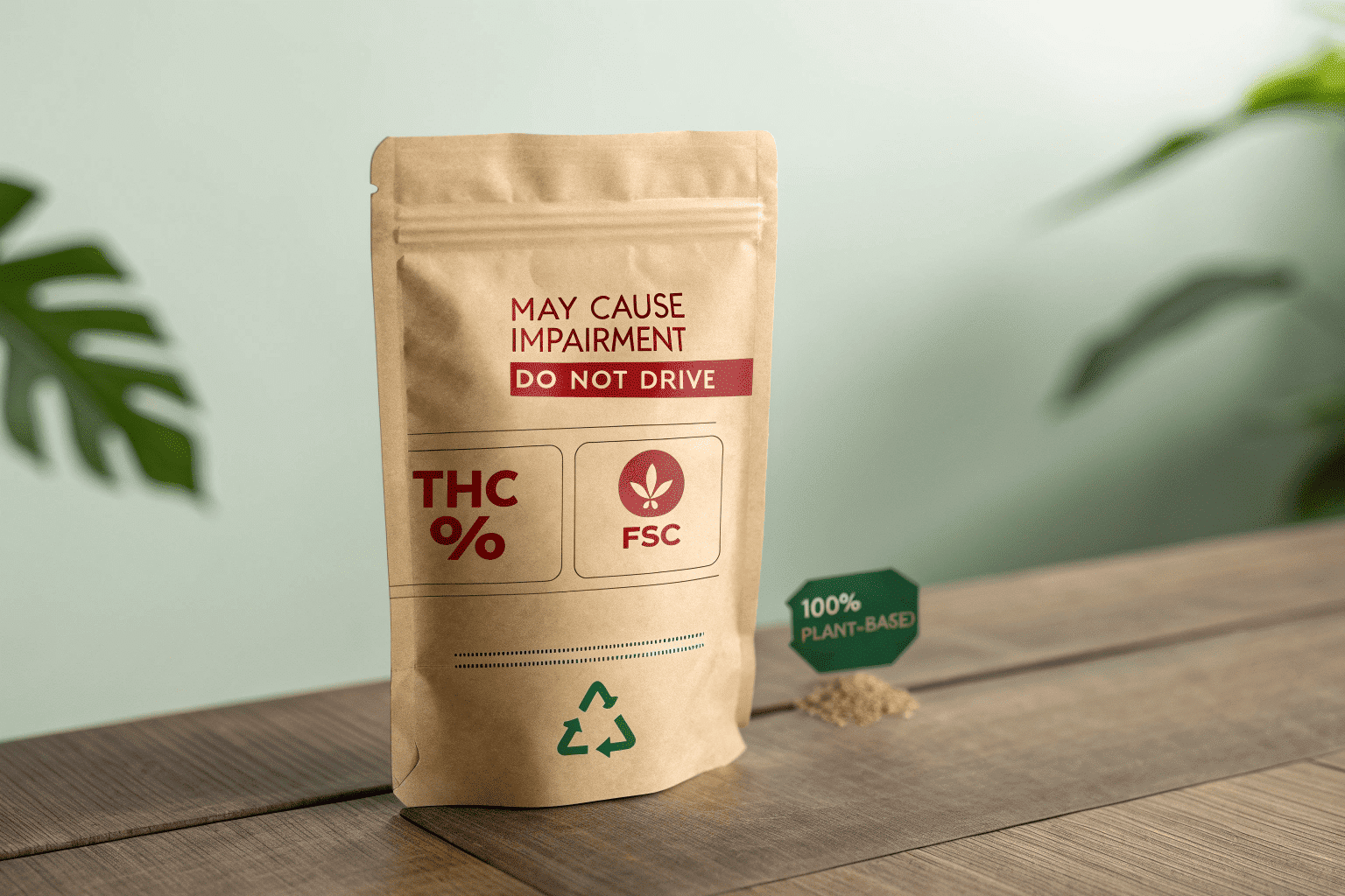 Compliance Packaging cannabis pouch with health warning and FSC logo