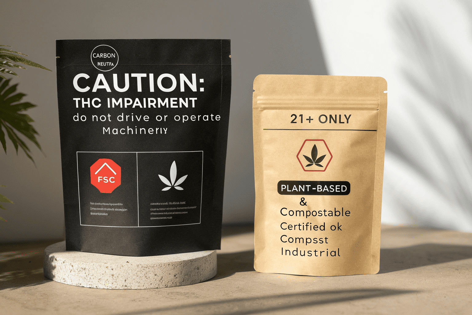 THC Warning Bag cannabis packaging with THC warning and compostable label