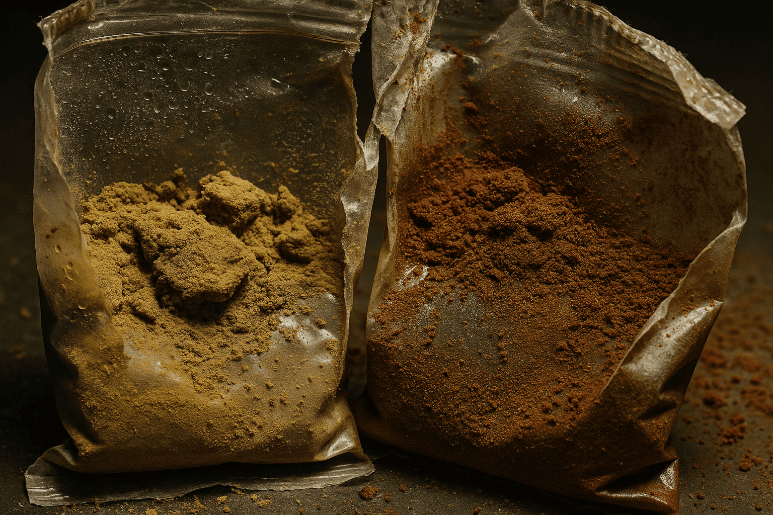 Failed spice packaging showing color degradation Degraded spices due to poor packaging