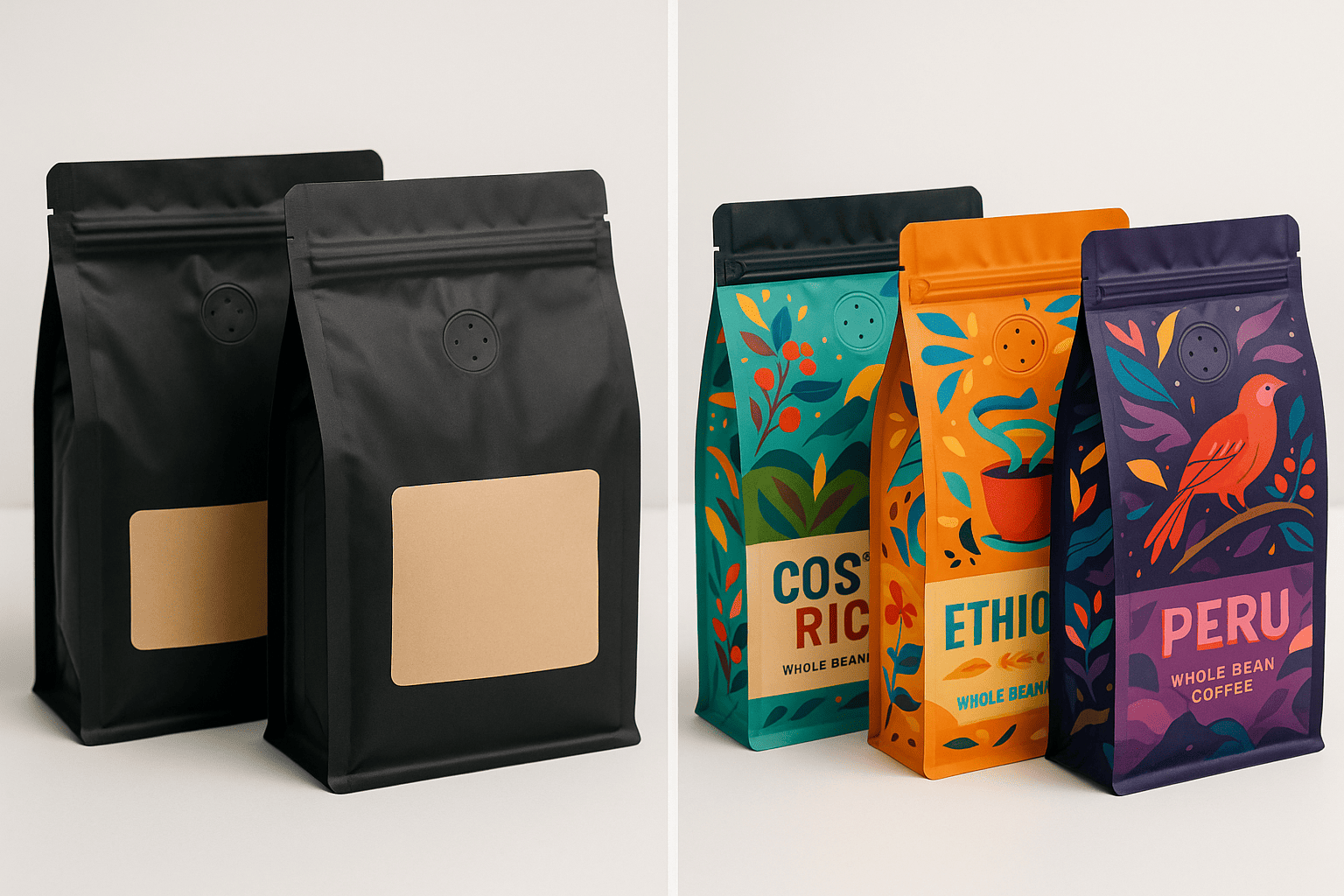 Stock coffee bags versus custom printed bags Comparison of stock vs custom coffee packaging options