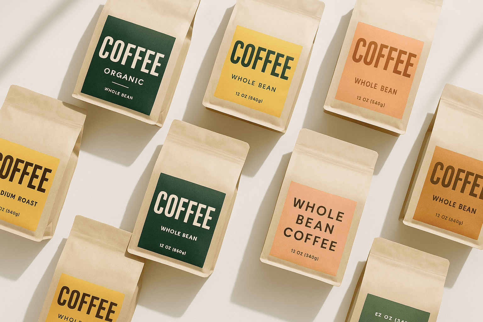 A/B testing coffee bag label designs Different label designs on stock coffee bags for testing