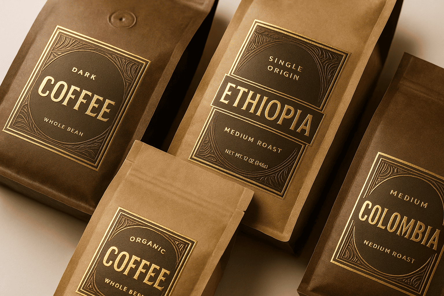 Premium coffee labels on stock packaging Professional label design on stock coffee bags